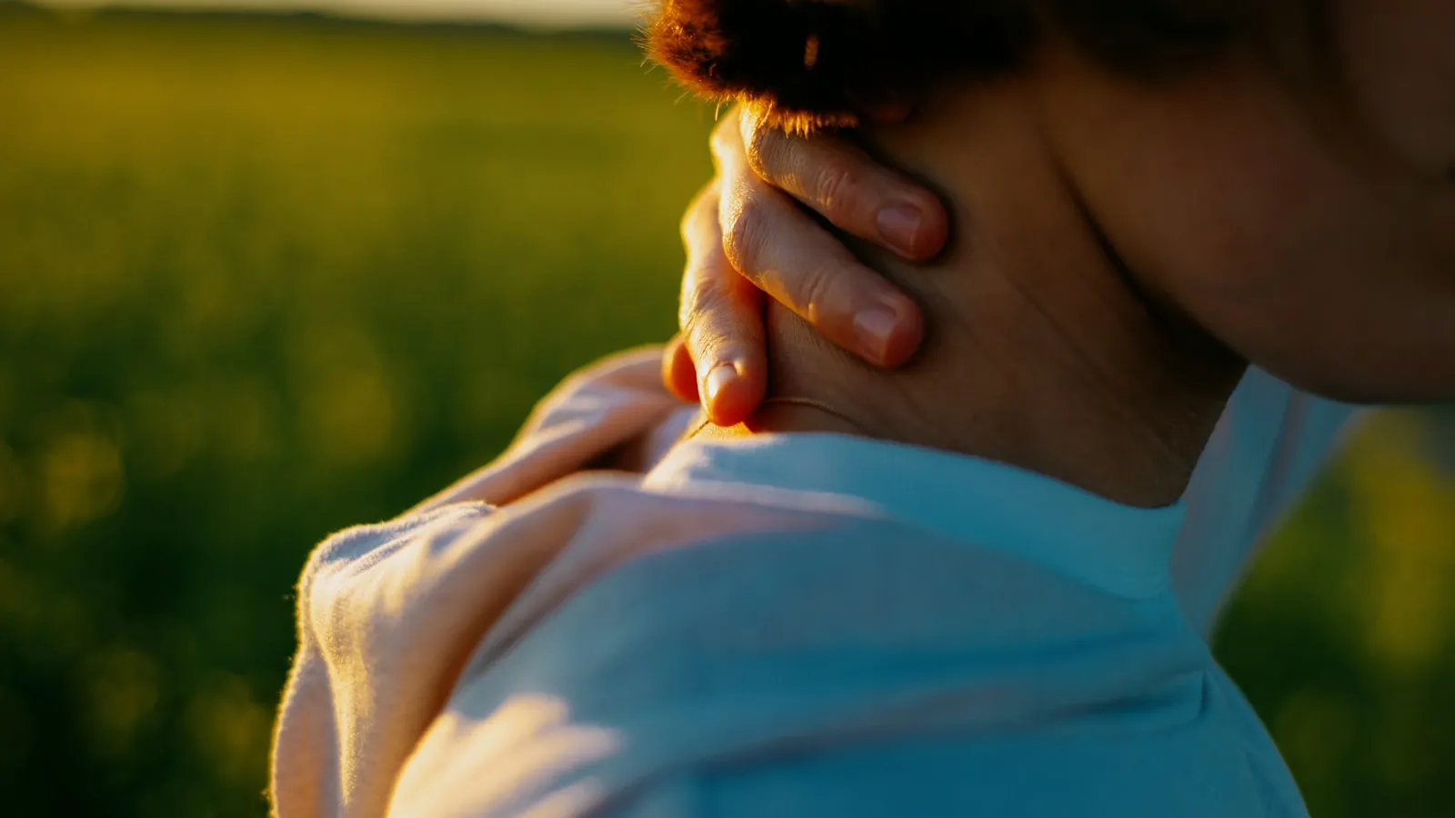 Vrouw buiten in een veld met haar handen in haar hals.